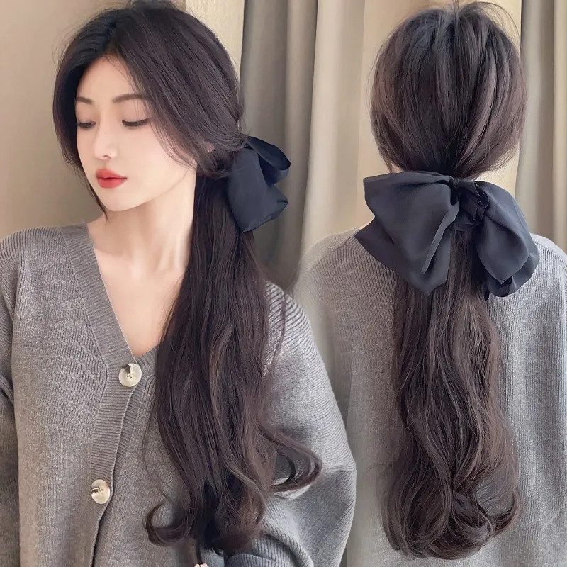 马尾假发女长卷抓夹夹高马尾仿真发网F红甜美蝴蝶结低扎辫子假马