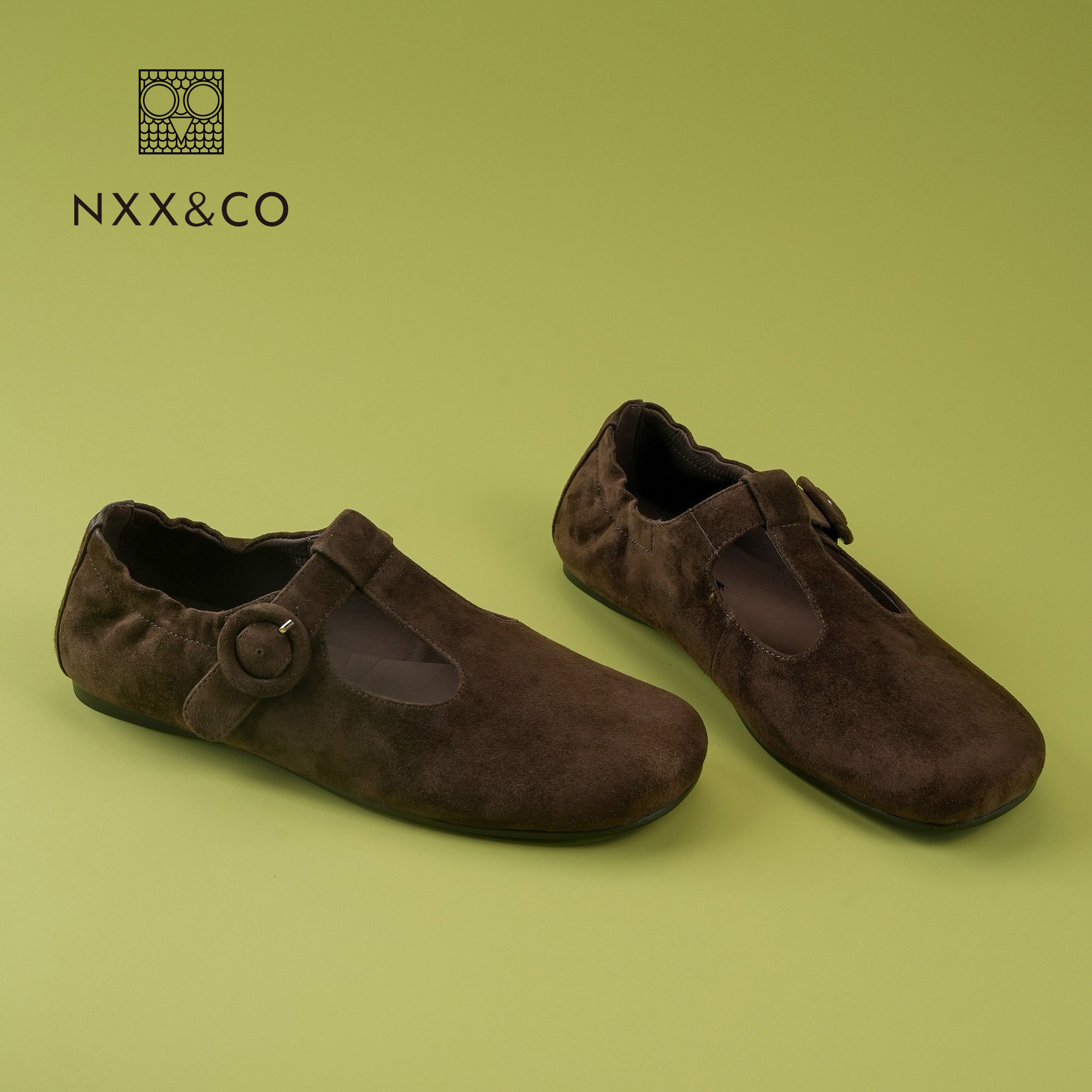 NXX&CO2026年秋季新款反绒皮玛丽珍鞋女T字扣带平底百搭复古单鞋