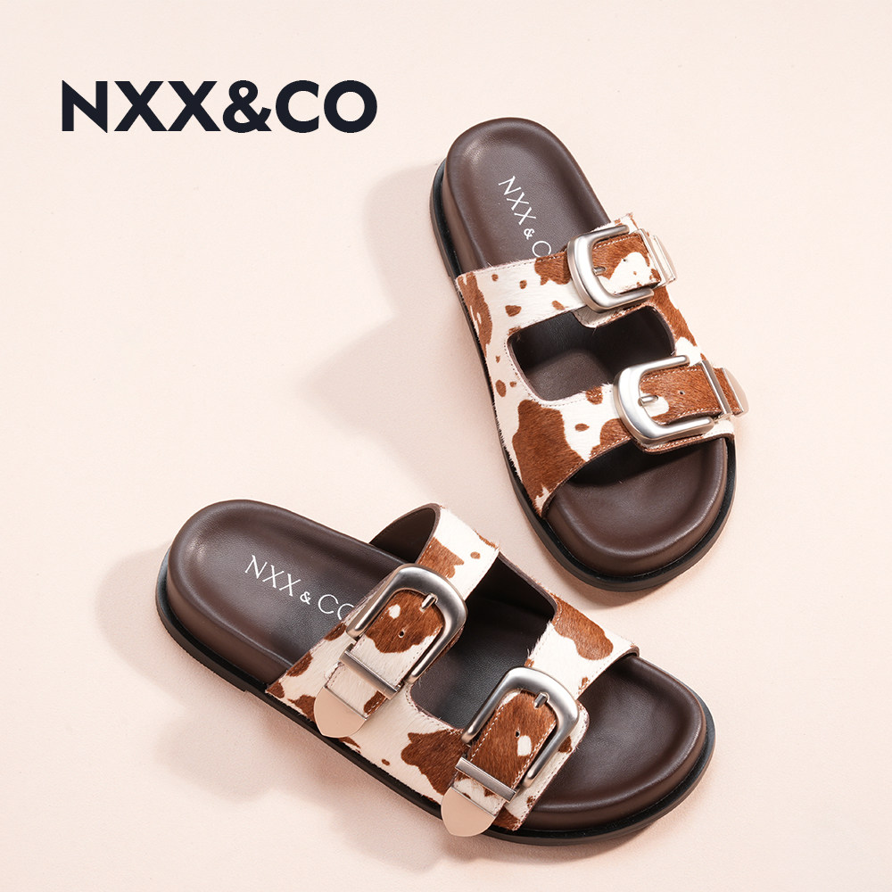 NXX&CO2026年夏季新款凉鞋女双扣带奶牛纹马毛软底外穿休闲拖鞋