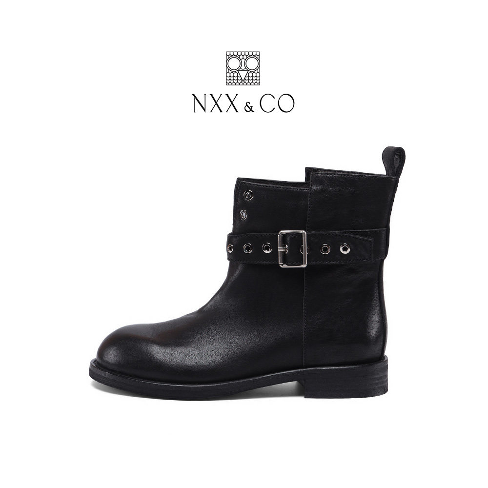 NXX&CO秋冬新款加绒复古真皮包头短靴女皮带扣百搭时装休闲中筒靴