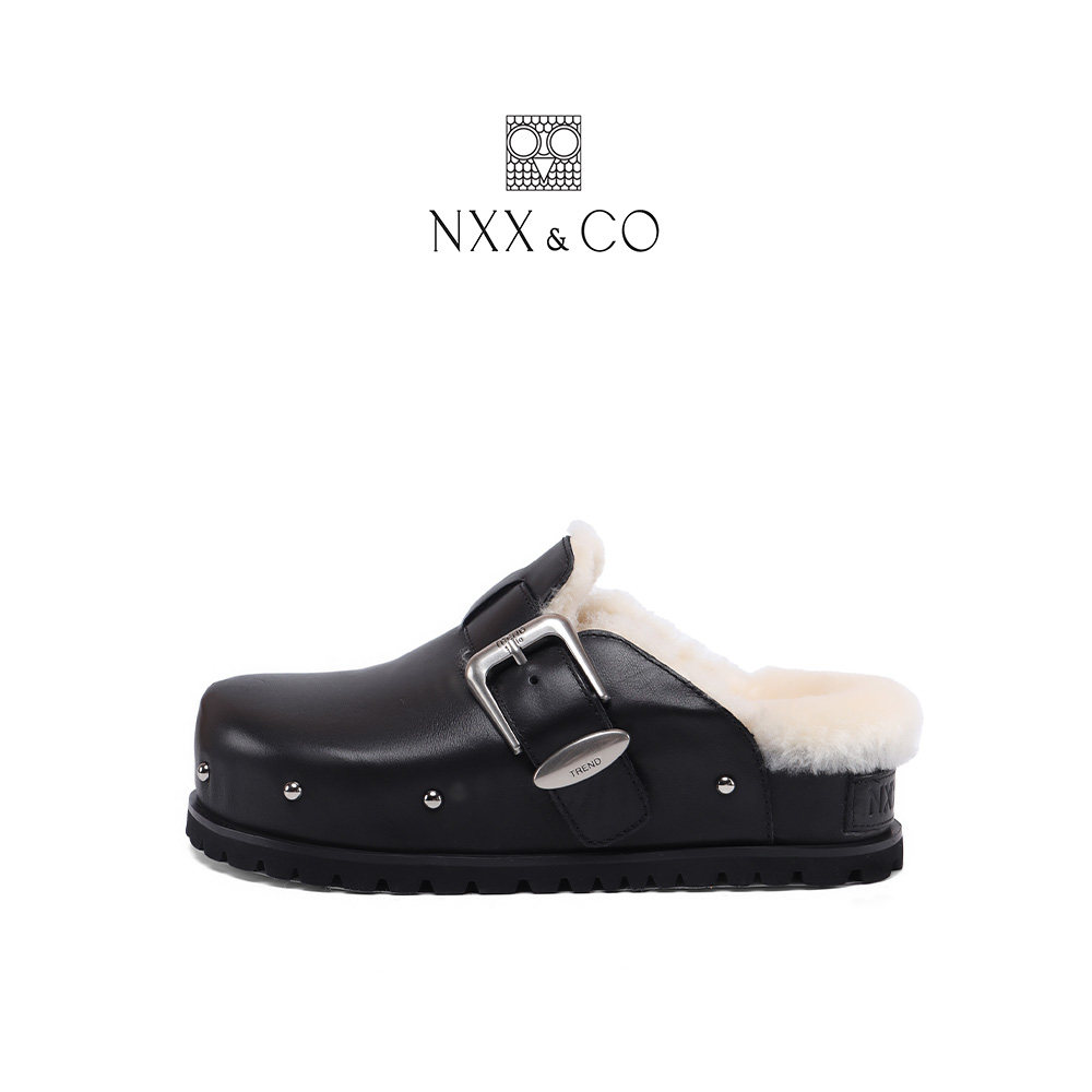 NXX&CO秋冬新款复古真皮包头真毛半拖鞋女外穿铆钉休闲厚底穆勒鞋