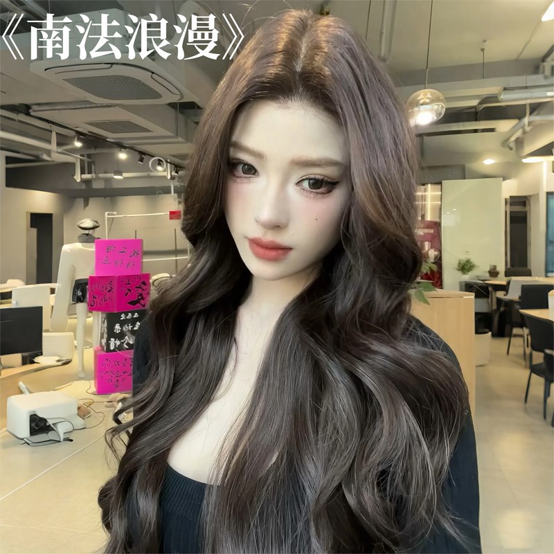 《南法浪漫》黑茶色大p波浪中分卷发假发女全头套前蕾丝高颅顶层