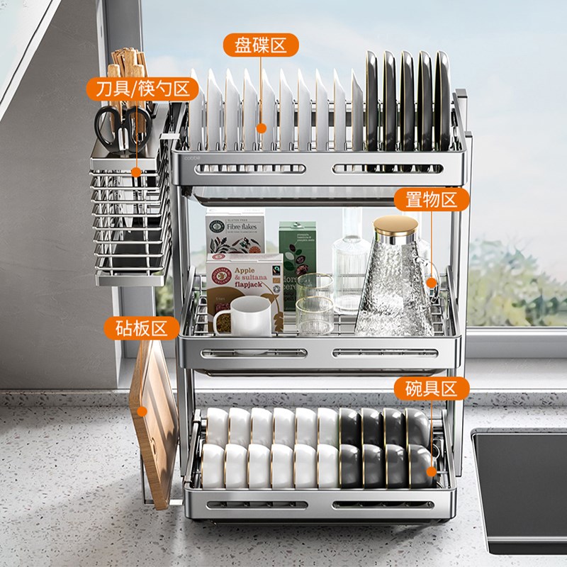 304不锈钢沥水碗碟架厨房多功能置物架碗柜台面放碗筷碗盘收纳架