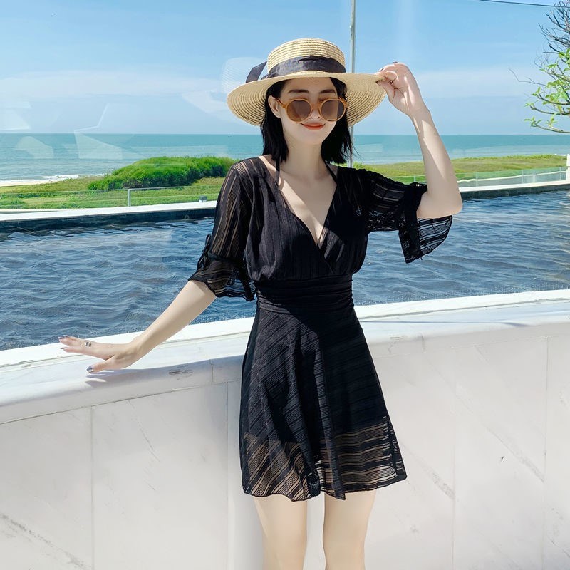 黑色挂脖连体泳衣女温泉新款胖mm加肥加大200斤裙式遮Y肚宽松显瘦