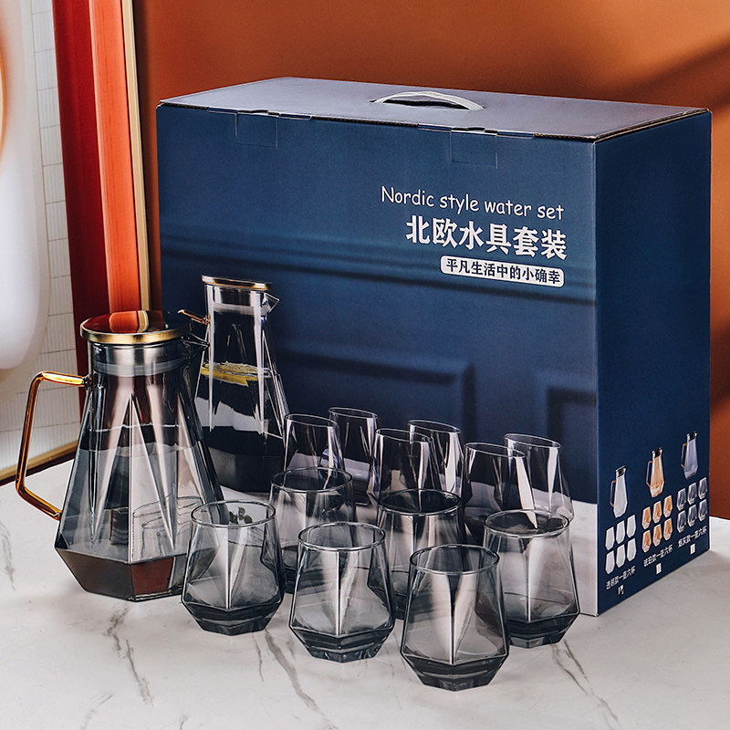 玻璃杯套装带礼盒家用茶色喝水杯C子客厅简约杯具茶杯水壶高颜值