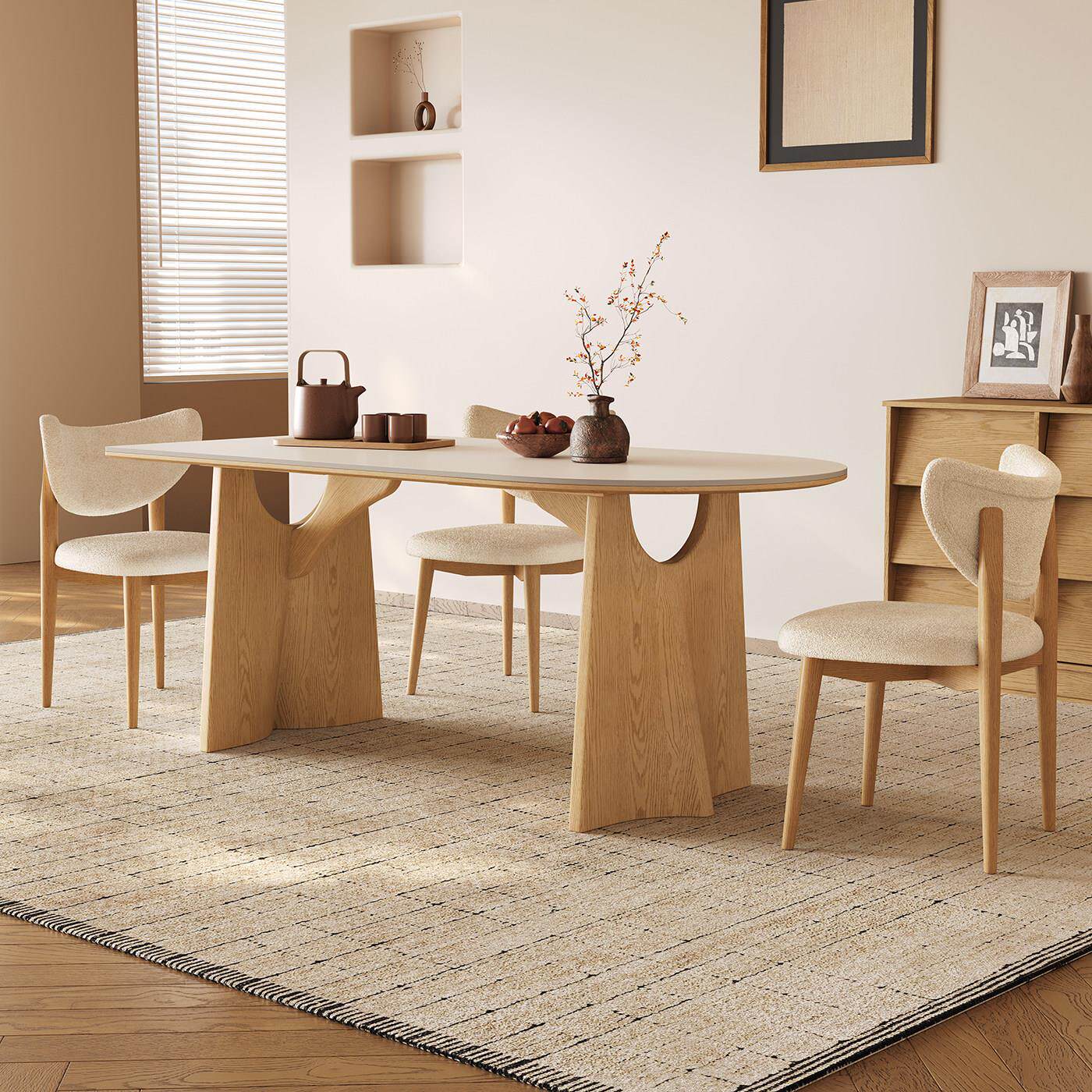 奶油风白蜡木餐桌餐椅小户型原木白色岩板饭桌靠墙飞鸦半圆实木餐