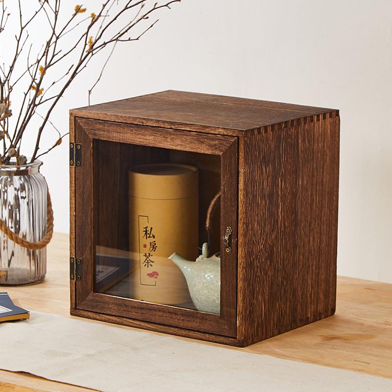 实木防尘茶具收纳盒单门收纳柜化妆品文具日式桌面柜子置物架单格