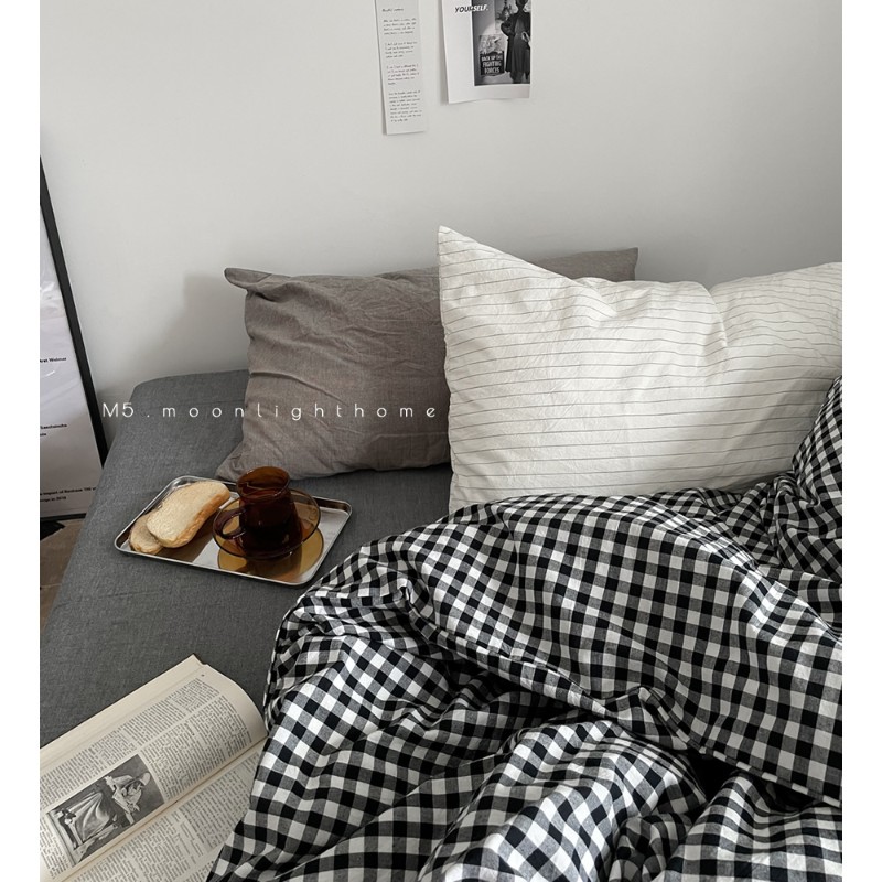 推荐insc格子简约北欧风纯棉全棉四件套床单被套床笠款床上用品三