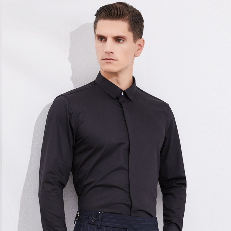 暗扣暗门襟长袖衬衫男定制LOGO绣花印字理发店服装发型师黑色衬衣