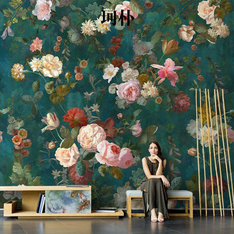 朴美式8HwvWsL3手珂花朵壁画墨绿色背景壁纸无纺墙纸绘客厅布电视