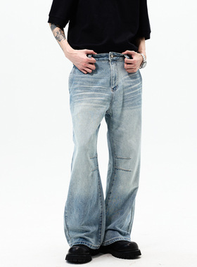 乐为|美式复古cleanfit直筒牛仔裤男潮牌vibe微喇水洗男士牛仔裤