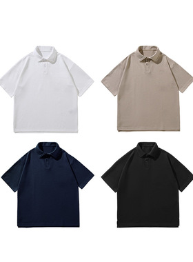 290重磅带领潮牌POLO宽松纯色衬衫领日系开叉落肩翻领POLOT恤情侣