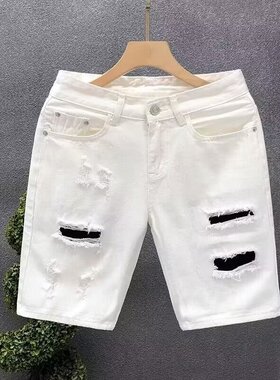 2024夏季薄款做旧破洞牛仔短裤男潮牌宽松直筒五分日系复古中裤子