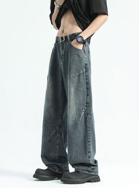 cleanfit水洗牛仔裤男士春季潮流阔腿裤美式高街复古休闲直筒裤子