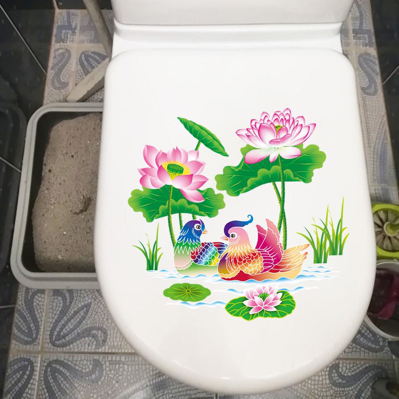 荷花鸳鸯浴室门墙壁无痕贴