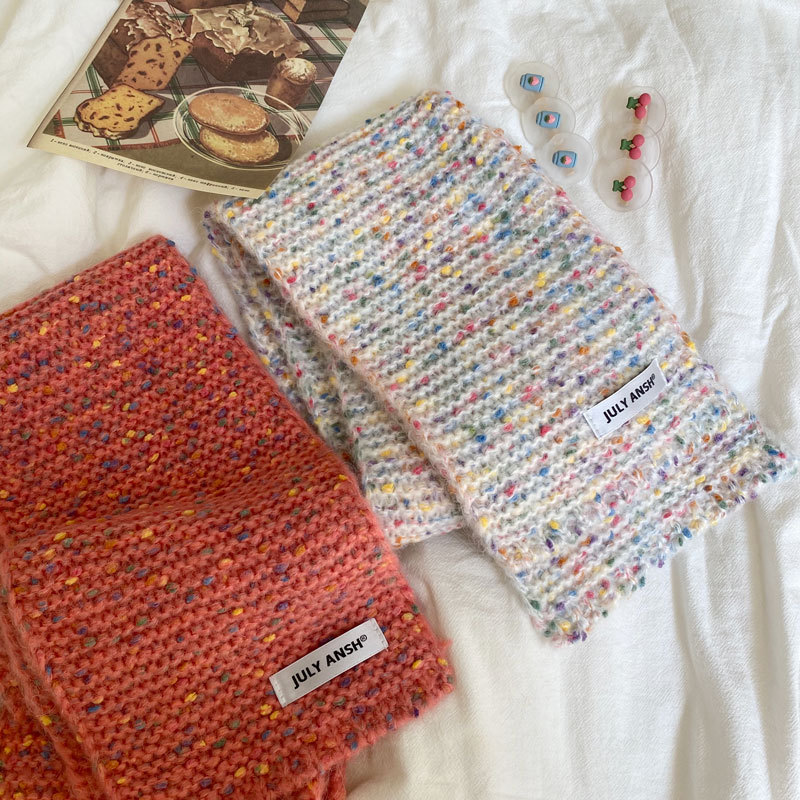 韩国糖豆彩色围巾女冬季可爱学生针织围脖混纺日