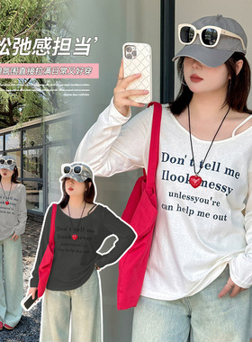 韩系甜妹套头印花长袖恤2025秋季新款胖显瘦斜露肩上衣313100