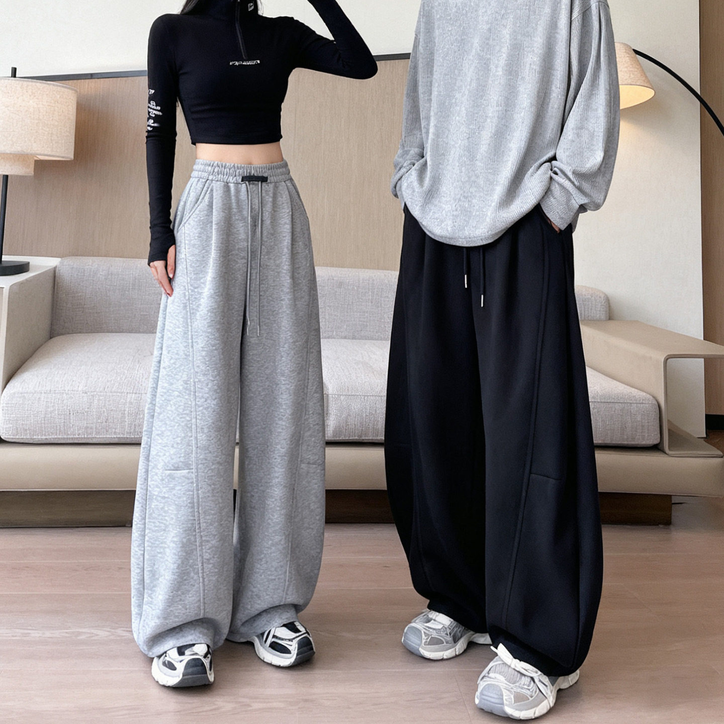 男女同款黑标弯刀运动裤春秋季2025新款高腰显瘦宽松休闲阔腿卫裤,女装/女士精品,卫裤,淘宝优惠券,粉丝福利购,淘宝优惠卷