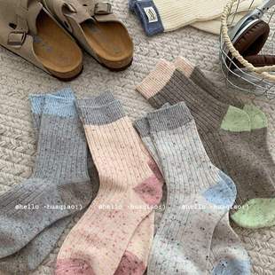 粗线女袜点子拼色韩国纱羊绒加厚保暖羊毛中筒堆堆袜