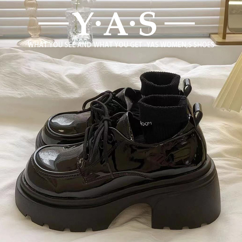 黑色英伦风粗跟系带小皮鞋女春秋