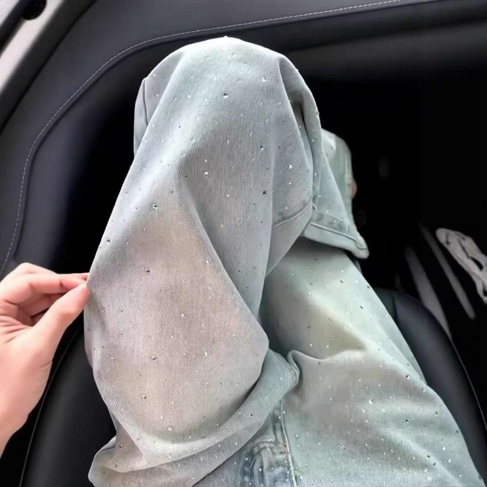 大码美式烫钻牛仔裤女秋季胖梨形