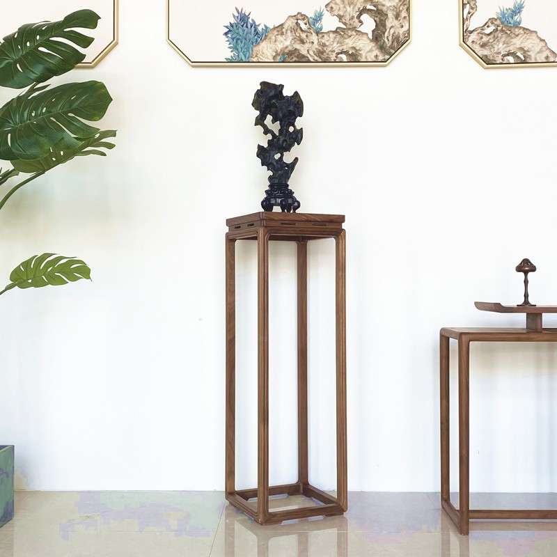 禅意花几新中式实木花架客厅榆木边架黑胡桃木花盆架落地盆景家架
