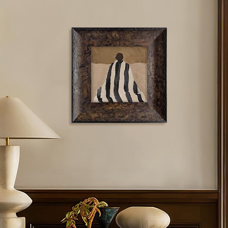 中古风皮革画框复古沙发背景墙客餐厅卧室装饰画样板房高级感挂画