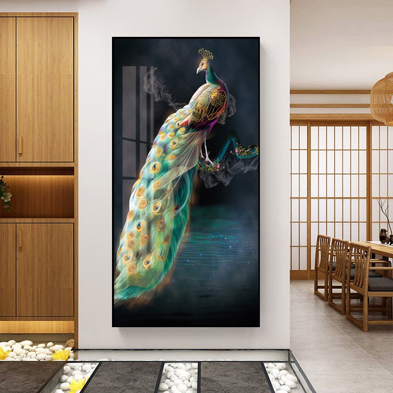 孔雀玄关画入户装饰画p走廊过道晶瓷挂画现代简约竖版背景墙壁画