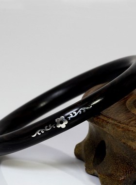 黑檀木镶银手h镯紫光檀镶嵌龙凤富贵国风圆条手工实木镯子手环饰