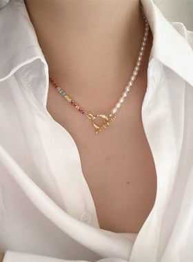 新款复古ot扣天然淡水珍珠项链女高级感彩色锆石拼W接锁骨链颈链