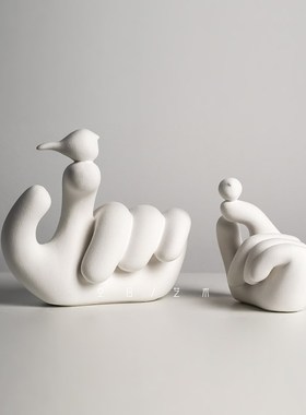 空合 样板间创意陶瓷手托小鸟摆件 售楼部书房客厅书柜卧室装饰品