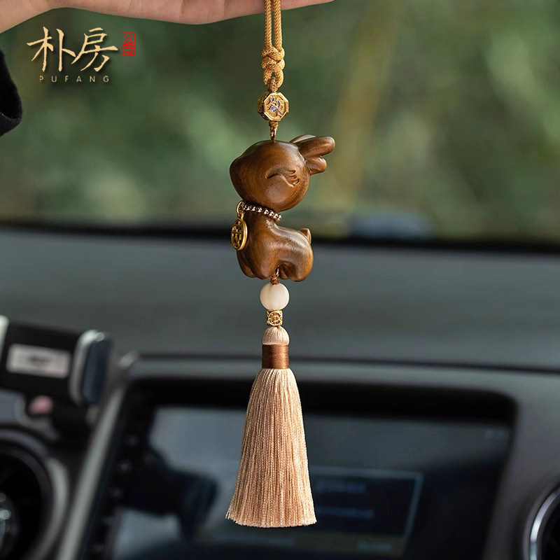 天然檀木一路平安汽车挂件车载后视镜挂饰新款车内吊.饰高档吊坠