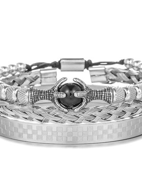 新款不锈钢菠萝珠龙爪编织t手链 10mm虎眼钛钢罗马文手镯套装