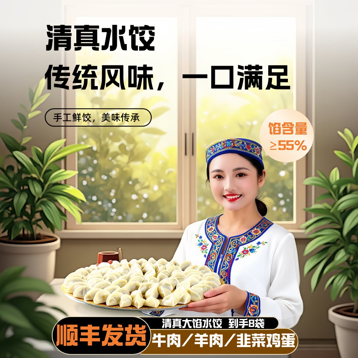 清真饺子多口味韭菜鸡蛋粉条饺子学生营养早餐健康主食速冻肉饺子
