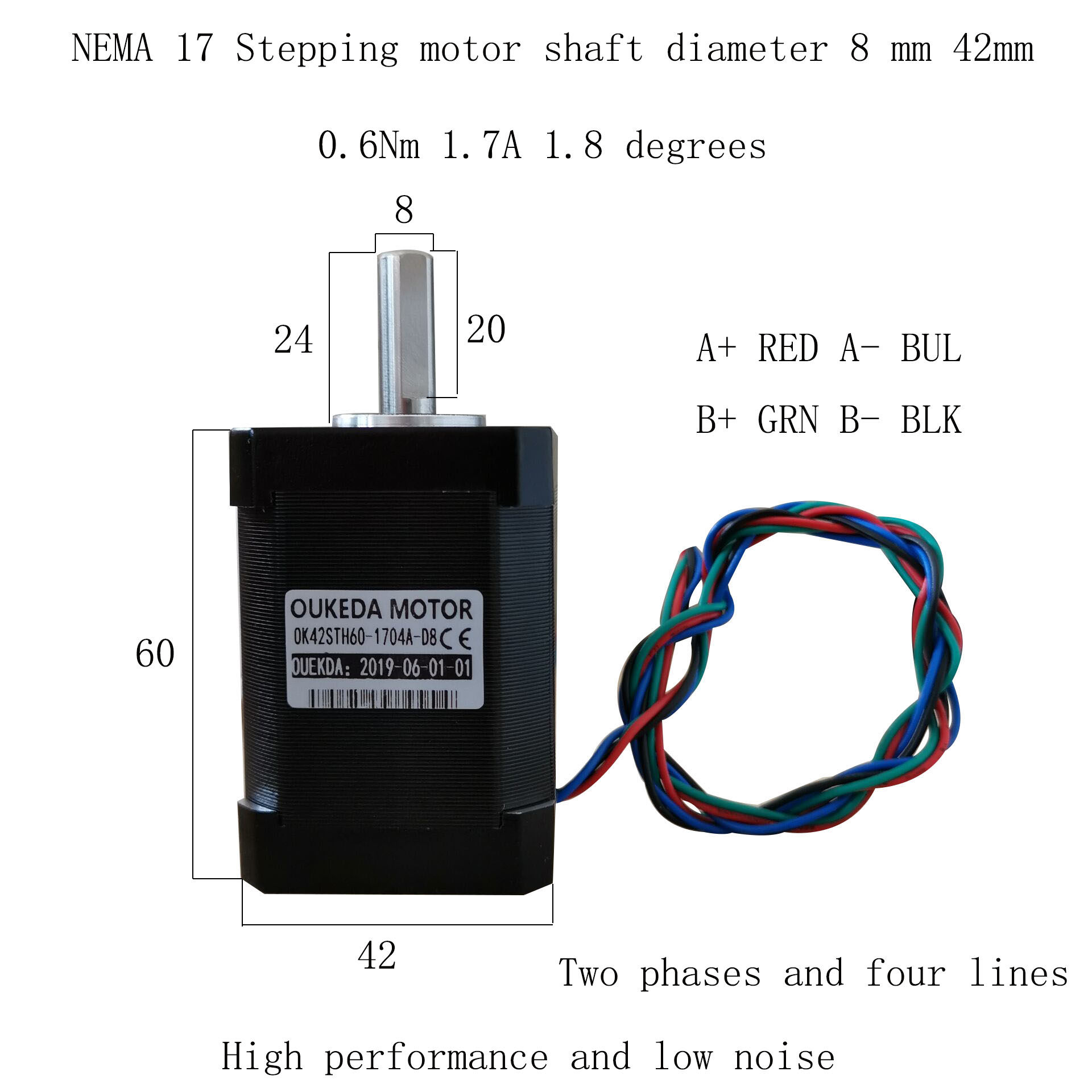 42电机 轴径8 42BYGH60 42步进电机轴径8mm NEMA17 1.7A 机身60 - 实物图