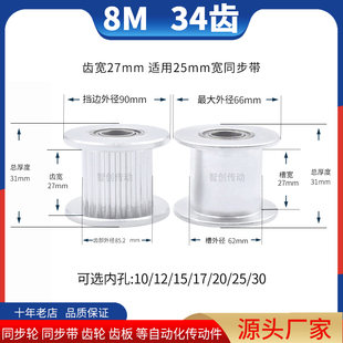 同步轮8M34齿光面轮齿宽27内孔10/15/17/20/25同步带轮惰轮张紧轮