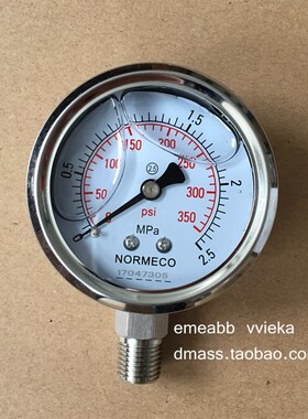 耐震压力表0-2.5MPA径向350psi液压表不锈钢1/4NPT螺纹气压表