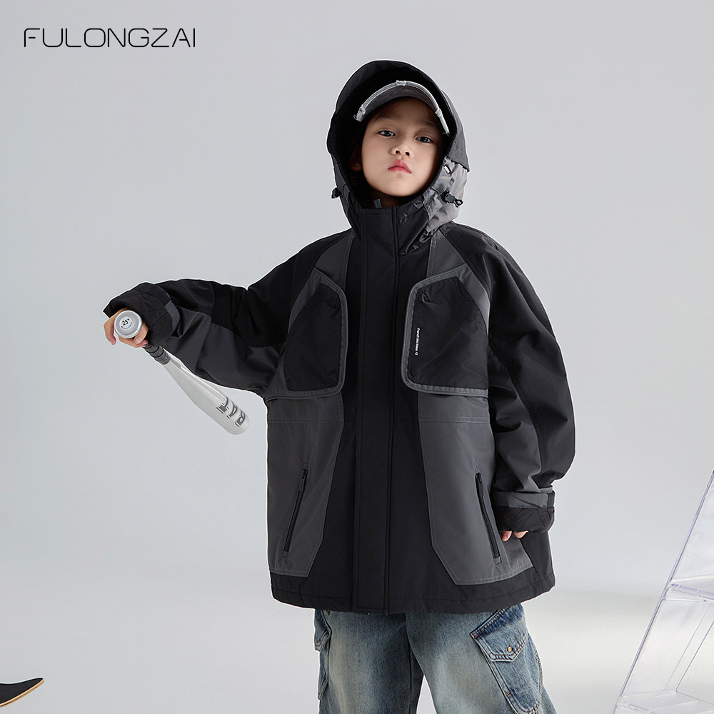 FULONGZAI亲子童装2025秋冬季男女童新款中大童儿童工装连帽外套