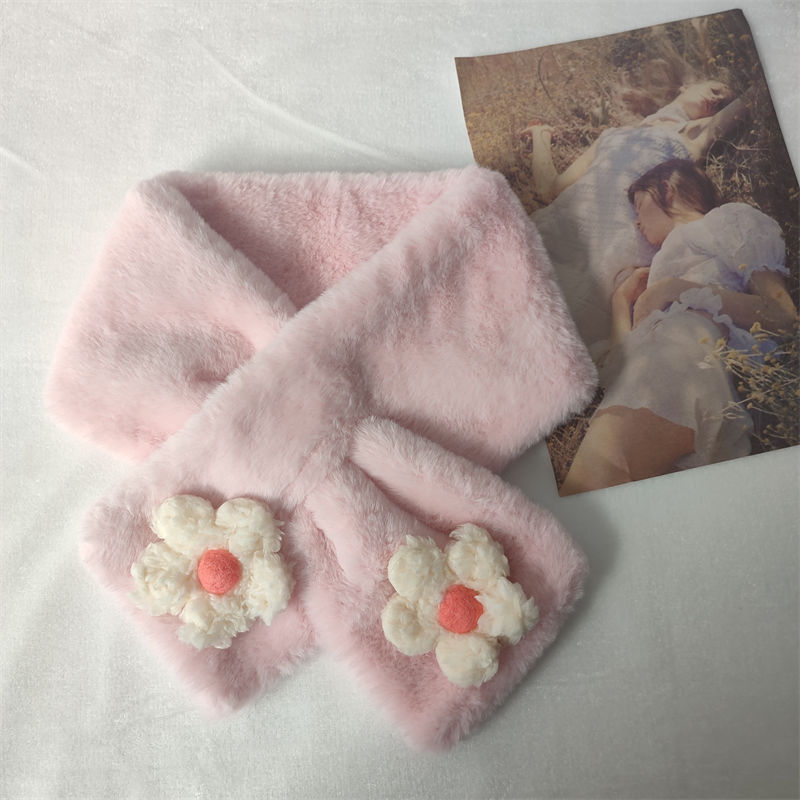 秋冬花朵围巾甜美少女保暖围脖毛绒围巾短款日系百搭