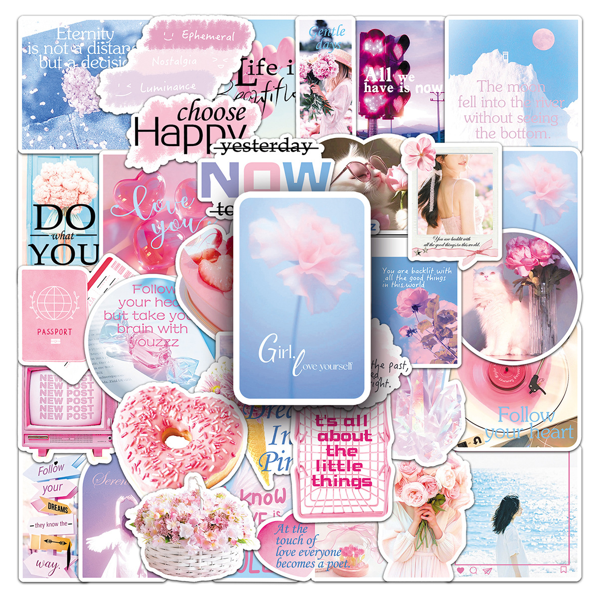 50张粉色邂逅贴纸法式浪漫手账本贴纸行李箱水杯吉他收纳盒DIY装