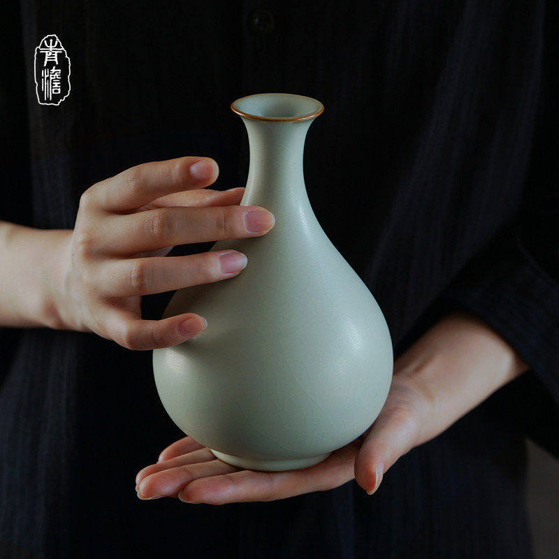 青澹汝窑花瓶景德镇陶瓷花瓶摆件客厅插花轻奢仿古瓷器礼盒装青瓷