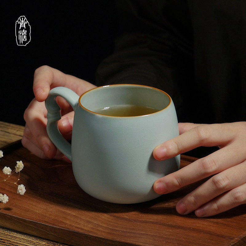 青澹汝窑马克杯大容量茶杯景德镇办公杯陶瓷杯子汝瓷情侣水杯青瓷