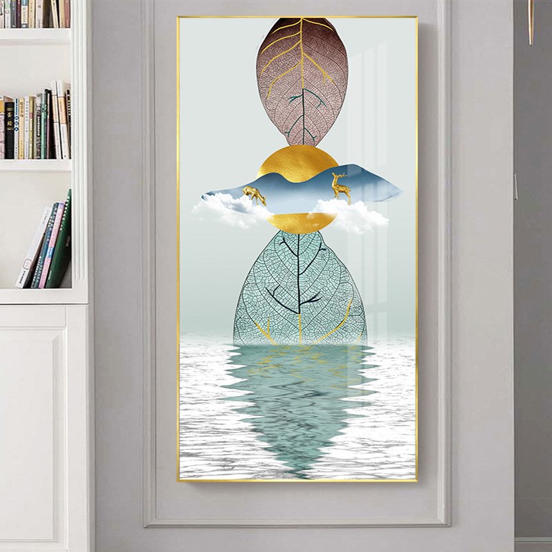 现代简约抽象艺术玄关装饰画 竖版金色麋鹿挂画线条酒店走廊壁画图片