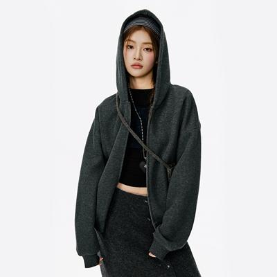 外套女装冬灰色连帽卫衣开衫巨好看的初冬外套厚女款2025新款短款