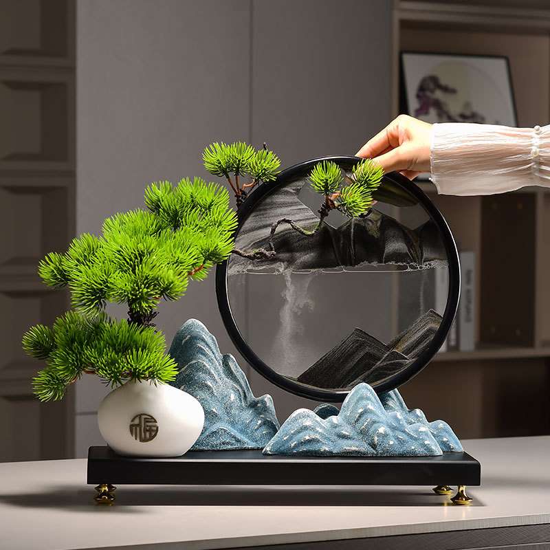 新中式迎客松摆件流沙画玄关博古架复古风禅意茶室家居装饰品图片