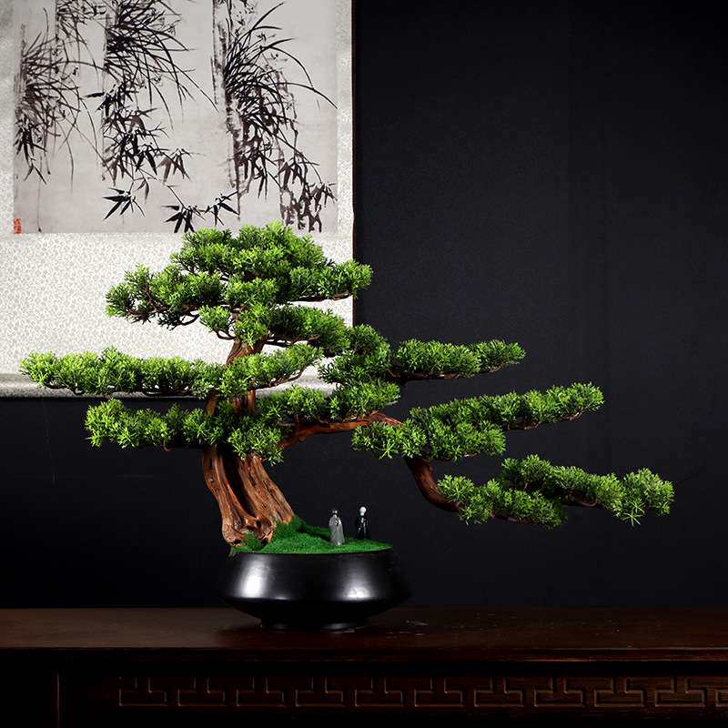 仿真迎客松树盆景罗汉松假树室内办公室摆件玄关酒店大型绿植造景