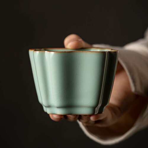天青汝窑茶杯四方杯开片可养普洱茶品茗杯单杯陶瓷主人杯复古茶盏