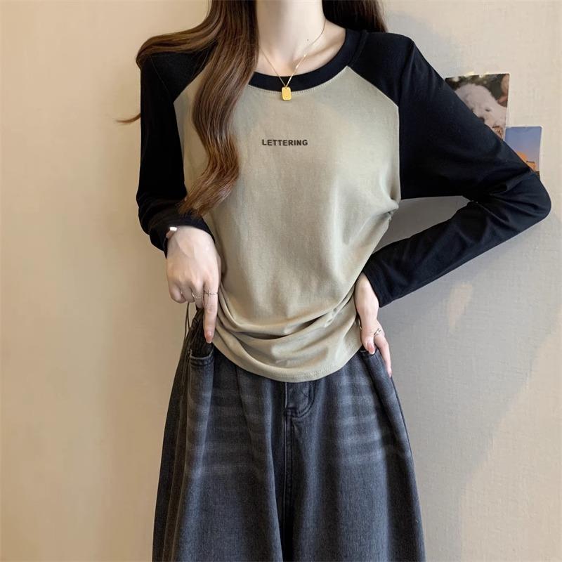 2025秋季新款撞色插肩长袖t恤女抽绳设计感圆领百搭打底衫上衣潮