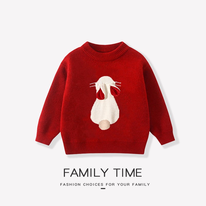 新年亲子装母女秋冬加厚红色毛衣2024新款潮母子装过年亲子拜年服