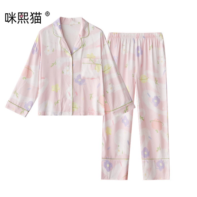 宽松款春夏女式人棉贡缎睡衣套装 F桃桃星球长袖简约家居服睡衣T